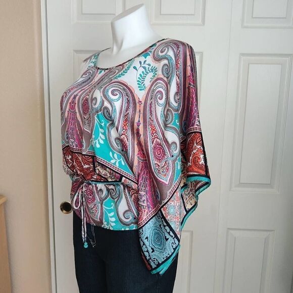 Karen Kane paisley boho 100% silk caftan blouse sz L - Picture 5 of 10